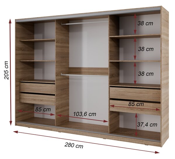 Šatníková skriňa NEJBY BARNABA 280 cm s posuvnými dverami, 4 šuplíky, 2 šatníkovými tyčami, dub sonoma