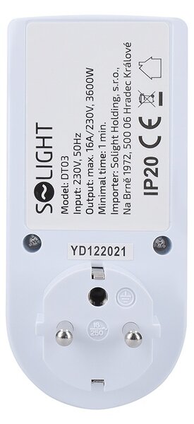 SOLIGHT Digitálny týždenný časový spínač 230V/16A, 1 zásuvka, biely