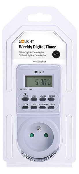 SOLIGHT Digitálny týždenný časový spínač 230V/16A, 1 zásuvka, biely