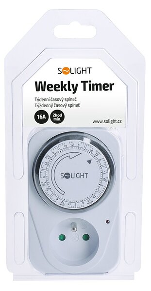 SOLIGHT Mechanický týždenný časový spínač 230V/16A, 1 zásuvka, biely