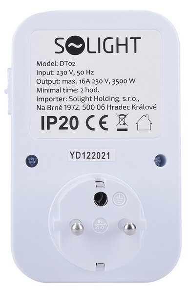 SOLIGHT Mechanický týždenný časový spínač 230V/16A, 1 zásuvka, biely