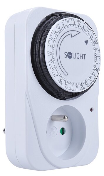 SOLIGHT Mechanický týždenný časový spínač 230V/16A, 1 zásuvka, biely