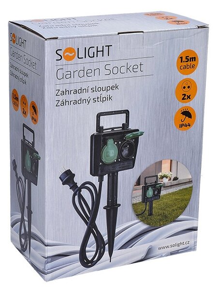 SOLIGHT Záhradný stĺpik IP44, 2 zásuvky, gumový kábel 1,5m