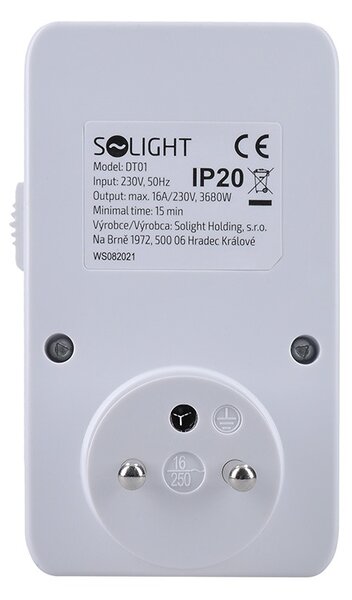 SOLIGHT Mechanický časový spínač, denný 24 h., interval 15 min, vypínač, DT01