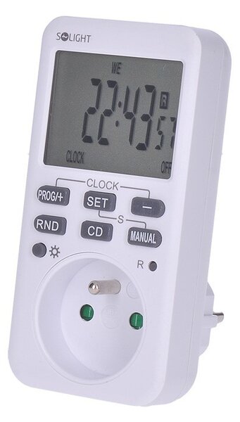 SOLIGHT Digitálny týždenný časový spínač 230V/16A, 10 režimov, veľký LCD, biely