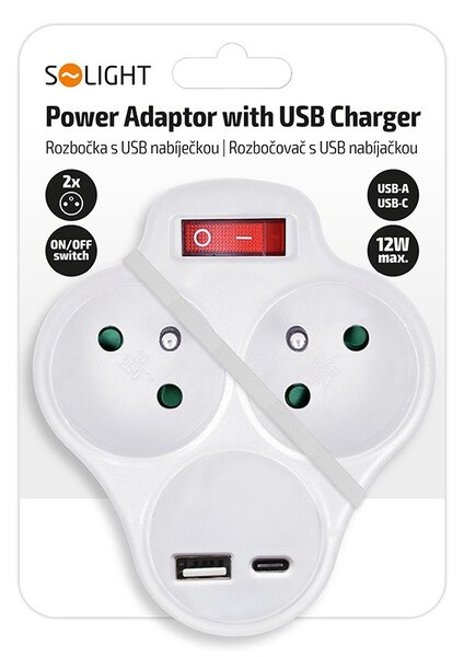 SOLIGHT Zásuvka rozbočovacia s USB A+C nabíjačkou a vypínačom 2x 230V/10A, biela
