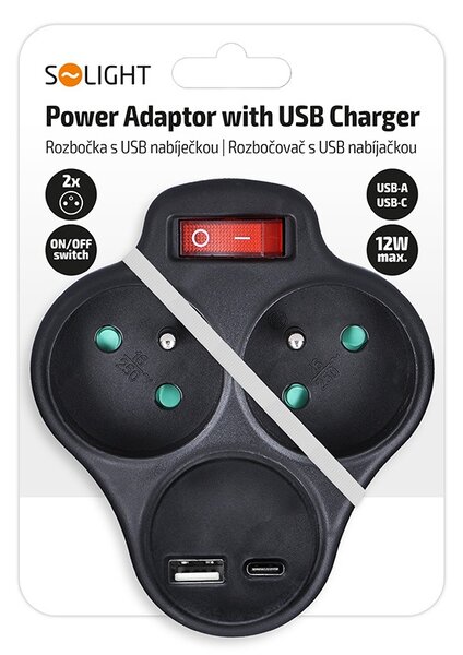SOLIGHT Zásuvka rozbočovacia s USB A+C nabíjačkou a vypínačom 2x 230V/10A, čierna