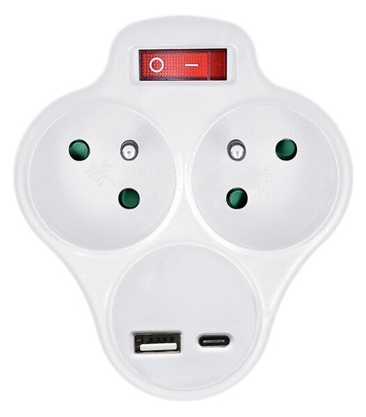 SOLIGHT Zásuvka rozbočovacia s USB A+C nabíjačkou a vypínačom 2x 230V/10A, biela