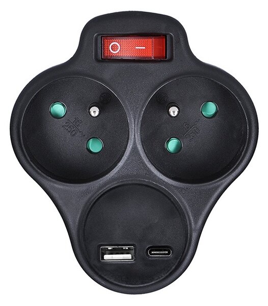 SOLIGHT Zásuvka rozbočovacia s USB A+C nabíjačkou a vypínačom 2x 230V/10A, čierna