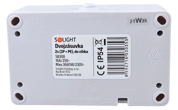 SOLIGHT Dvojzásuvka do vlhka max. 3680W, IP54, sivá