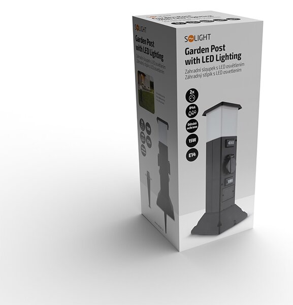 SOLIGHT Záhradný stĺpik IP44 s LED osvetlením, 2 zásuvky, hranol, čierny