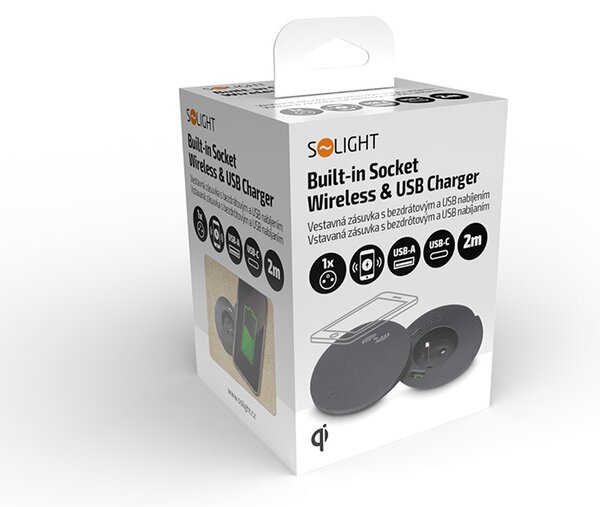 SOLIGHT Vstavaná zásuvka + USB A + C + Wireless 10W, otočné viečko, kábel 2m, čierna