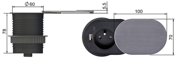 SOLIGHT 1z + USB A + C 20W PD vstavaná zásuvka s posuvným viečkom, 2m, strieborná