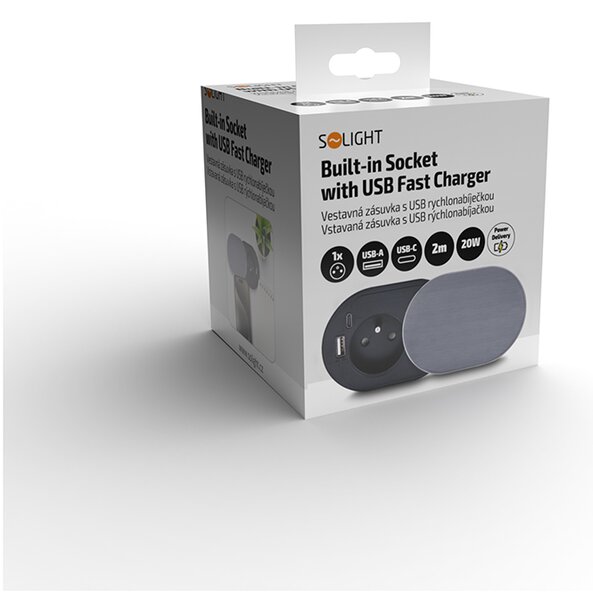 SOLIGHT 1z + USB A + C 20W PD vstavaná zásuvka s posuvným viečkom, 2m, strieborná