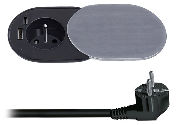 SOLIGHT 1z + USB A + C 20W PD vstavaná zásuvka s posuvným viečkom, 2m, strieborná