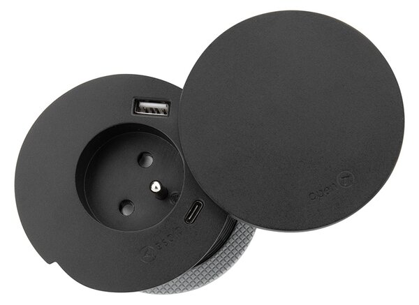 SOLIGHT Vstavaná zásuvka + USB A + C + Wireless 10W, otočné viečko, kábel 2m, čierna