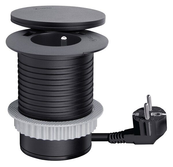 SOLIGHT Vstavaná zásuvka + USB A + C + Wireless 10W, otočné viečko, kábel 2m, čierna