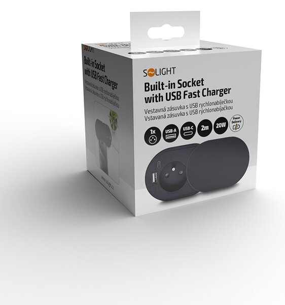 SOLIGHT 1z + USB A + C 20W PD vstavaná zásuvka s posuvným viečkom, 2m, matná čierna