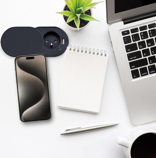 SOLIGHT 1z + USB A + C 20W PD vstavaná zásuvka s posuvným viečkom, 2m, matná čierna
