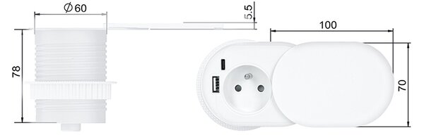 SOLIGHT Vstavaná zásuvka s posuvným viečkom, USB A + C 20W PD, 2m, matná biela