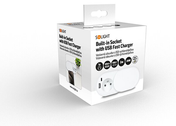 SOLIGHT Vstavaná zásuvka s posuvným viečkom, USB A + C 20W PD, 2m, matná biela