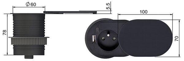 SOLIGHT 1z + USB A + C 20W PD vstavaná zásuvka s posuvným viečkom, 2m, matná čierna