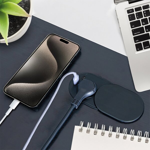 SOLIGHT 1z + USB A + C 20W PD vstavaná zásuvka s posuvným viečkom, 2m, matná čierna