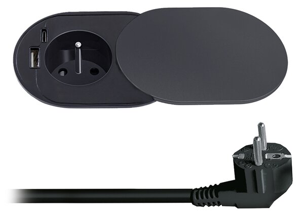 SOLIGHT 1z + USB A + C 20W PD vstavaná zásuvka s posuvným viečkom, 2m, matná čierna
