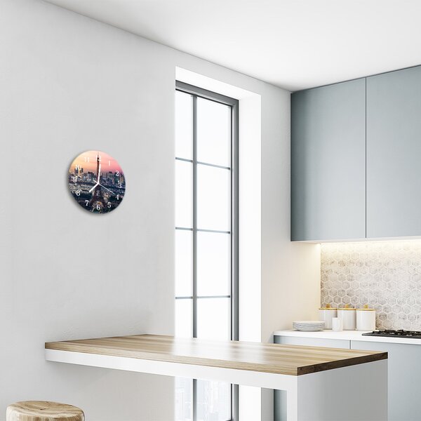 Sklenené hodiny okrúhle Eiffelova veža v paríži fi 30 cm