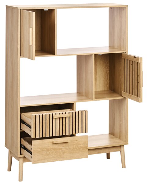 Knižnica svetlé drevo MDF nohy z borovicového dreva 100 x 35 x 140 cm 2 zásuvky 2 skrinky 3 police moderný štýl obývačka