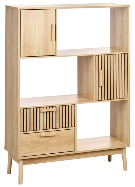 Knižnica svetlé drevo MDF nohy z borovicového dreva 100 x 35 x 140 cm 2 zásuvky 2 skrinky 3 police moderný štýl obývačka