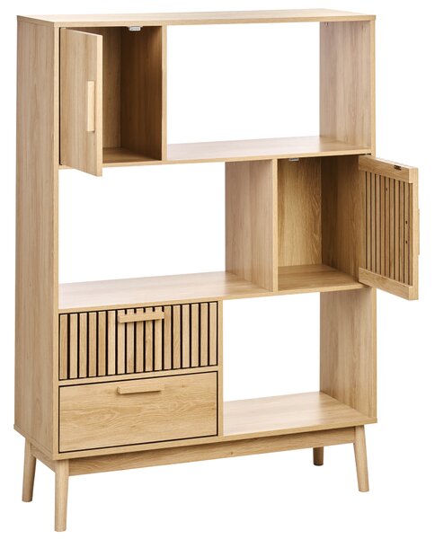 Knižnica svetlé drevo MDF nohy z borovicového dreva 100 x 35 x 140 cm 2 zásuvky 2 skrinky 3 police moderný štýl obývačka