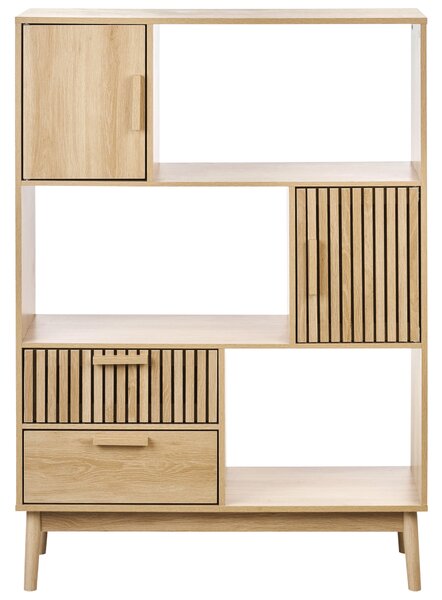Knižnica svetlé drevo MDF nohy z borovicového dreva 100 x 35 x 140 cm 2 zásuvky 2 skrinky 3 police moderný štýl obývačka