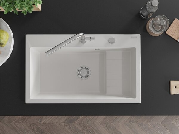 Mexen Omar granitový drez 1-komorový 800 x 480 mm, biely, sifón chróm - 6520801005-20