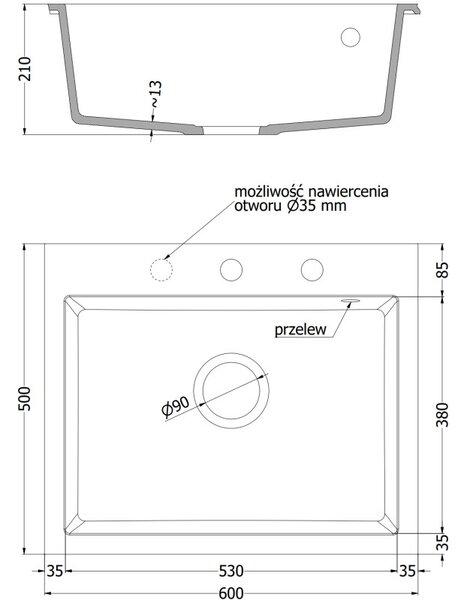 Mexen Elix granitový kuchynský drez 1-komorový 600 x 500 mm, biely, sifón chróm - 6525601005-20