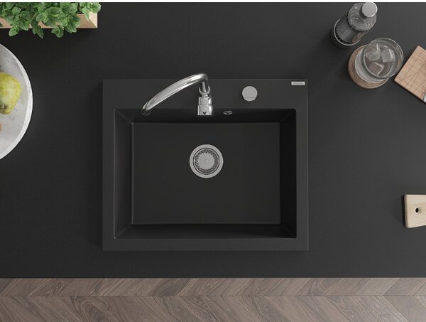 Mexen Elix granitový drez 1-komorový 600 x 500 mm, čierny, sifón chróm - 6525601005-77