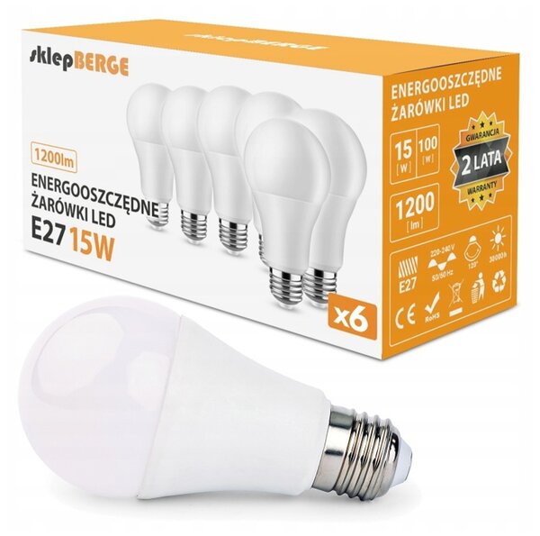 BERGE SADA 6x LED žiaroviek E27 A60 15W 1200lm 3000K - tepla biela