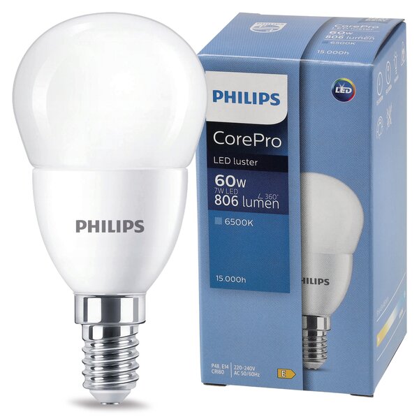 6x LED žiarovka PHILIPS E14 7W – studená farba 6500k 230v corepro