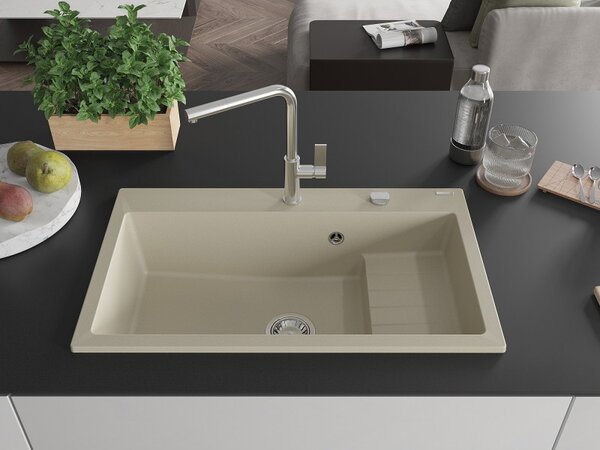 Mexen Omar granitový kuchynský drez 1-komorový 800 x 480 mm, béžový, sifón chróm - 6520801005-69