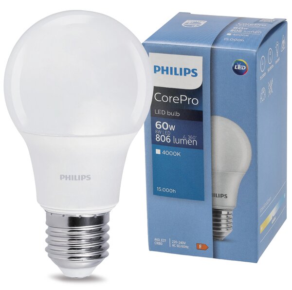 10x LED žiarovka PHILIPS E27 8W a60 – studená farba 6500k corepro premium