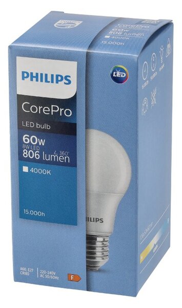 10x LED žiarovka PHILIPS E27 8W a60 – studená farba 6500k corepro premium