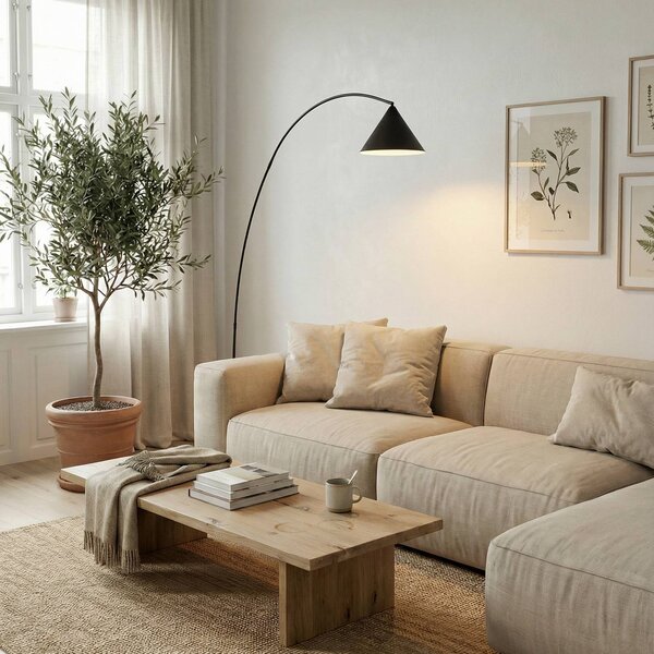 Lindby Oblúková lampa Triangolo, čierna, výška 195 cm, kov E27, Čierna, Obývacia izba / jedáleň, kov, Moderný, Oblúková stojaca lampa