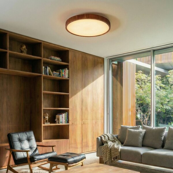 Lindby stropné LED svetlo Velua, biele/tmavé drevo, Ø 50 cm, Tmavé drevo, Obývacia izba / jedáleň, Drevo, Moderný
