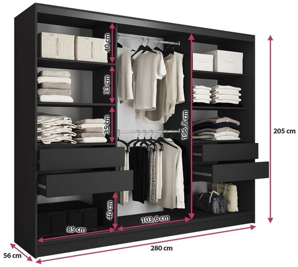NEJBY Šatníková skriňa INSULAR 3D 280 so zrkadlom, 4 šuplíky a 2 šatníkovými tyčami, čierny mat/dub artisan