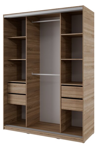 Šatníková skriňa NEJBY BARNABA 150 cm s posuvnými dverami, 4 šuplíky, 2 šatníkovými tyčami, dub sonoma