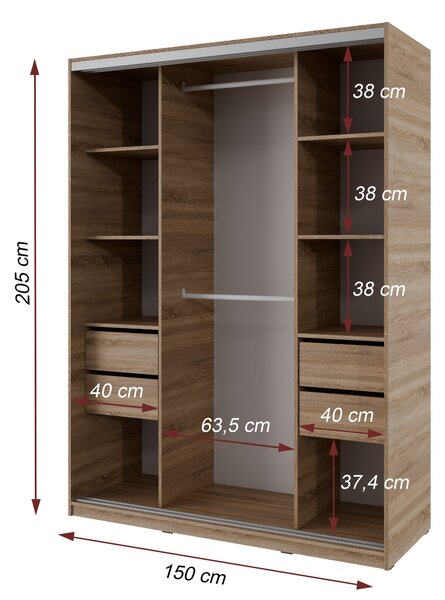 Šatníková skriňa NEJBY BARNABA 150 cm s posuvnými dverami, 4 šuplíky, 2 šatníkovými tyčami, dub sonoma