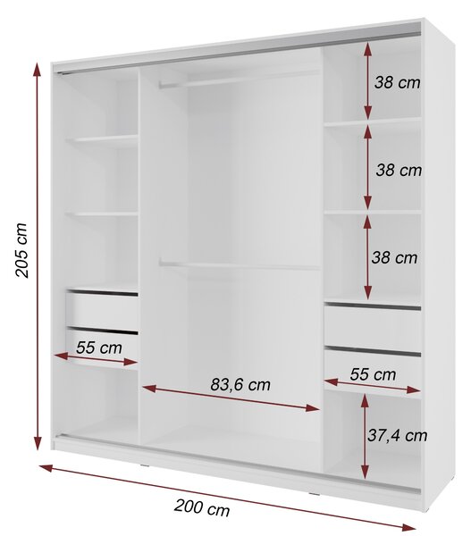 Šatníková skriňa NEJBY BARNABA 200 cm s posuvnými dverami, 4 šuplíky a 2 šatníkovými tyčami, biela
