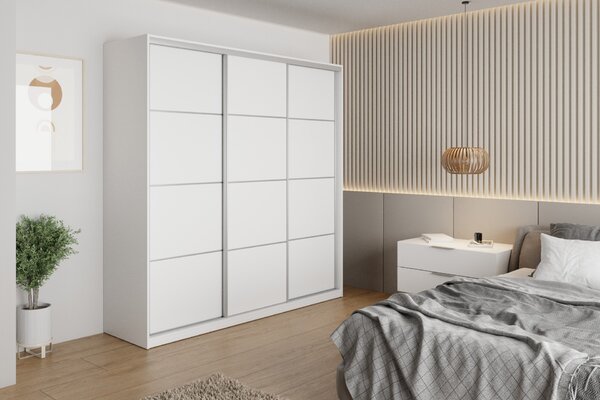 Šatníková skriňa NEJBY BARNABA 200 cm s posuvnými dverami, 4 šuplíky a 2 šatníkovými tyčami, biela