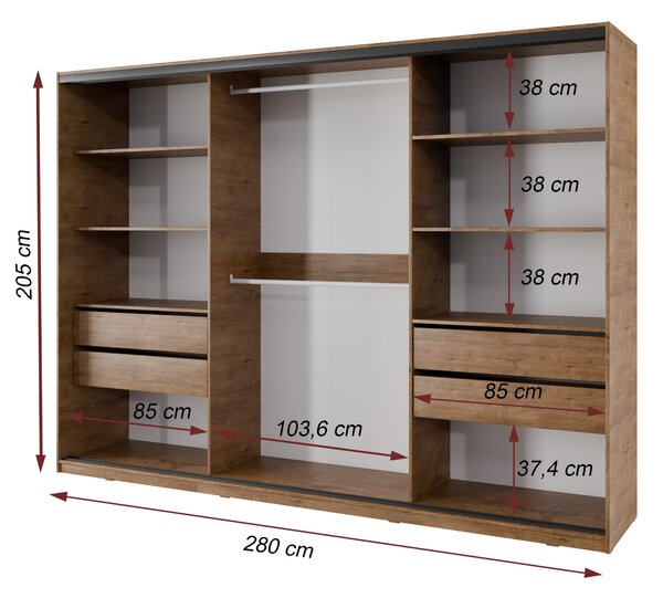 Šatníková skriňa NEJBY BARNABA 280 cm s posuvnými dverami, 4 šuplíky a 2 šatníkovými tyčami, dub lefkas