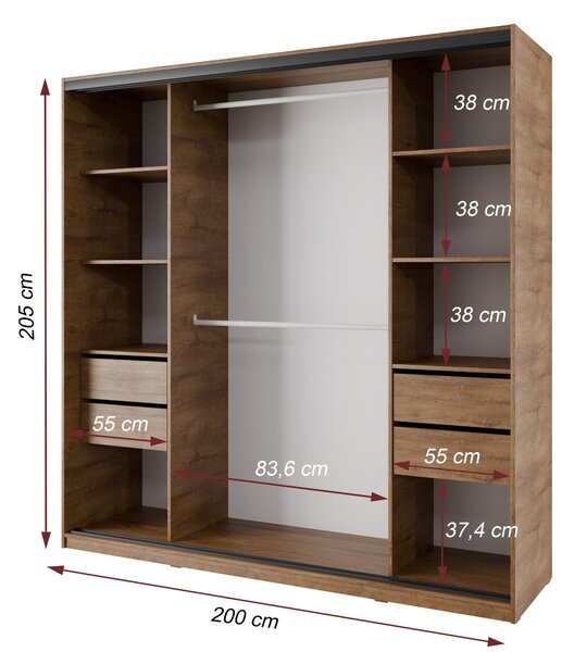 Šatníková skriňa NEJBY BARNABA 200 cm s posuvnými dverami, 4 šuplíky a 2 šatníkovými tyčami, dub lefkas